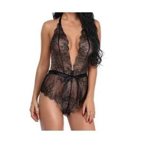 Garmol Women Lingerie Lace Deep-V Halter Bodysuit